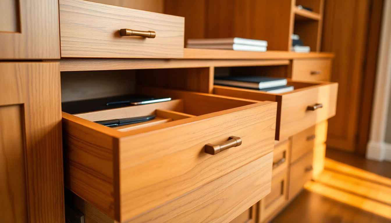 How Custom Cabinetry Can Transform Your Houston Home 4 Detailed Close-Up Of Open Custom Cabinet Drawers In A Warm-Toned Houston Home Office, Revealing Organized Internal Compartments With Dividers, Showcasing Custom Cabinetry Houston Craftsmanship And Tidy Functionality.