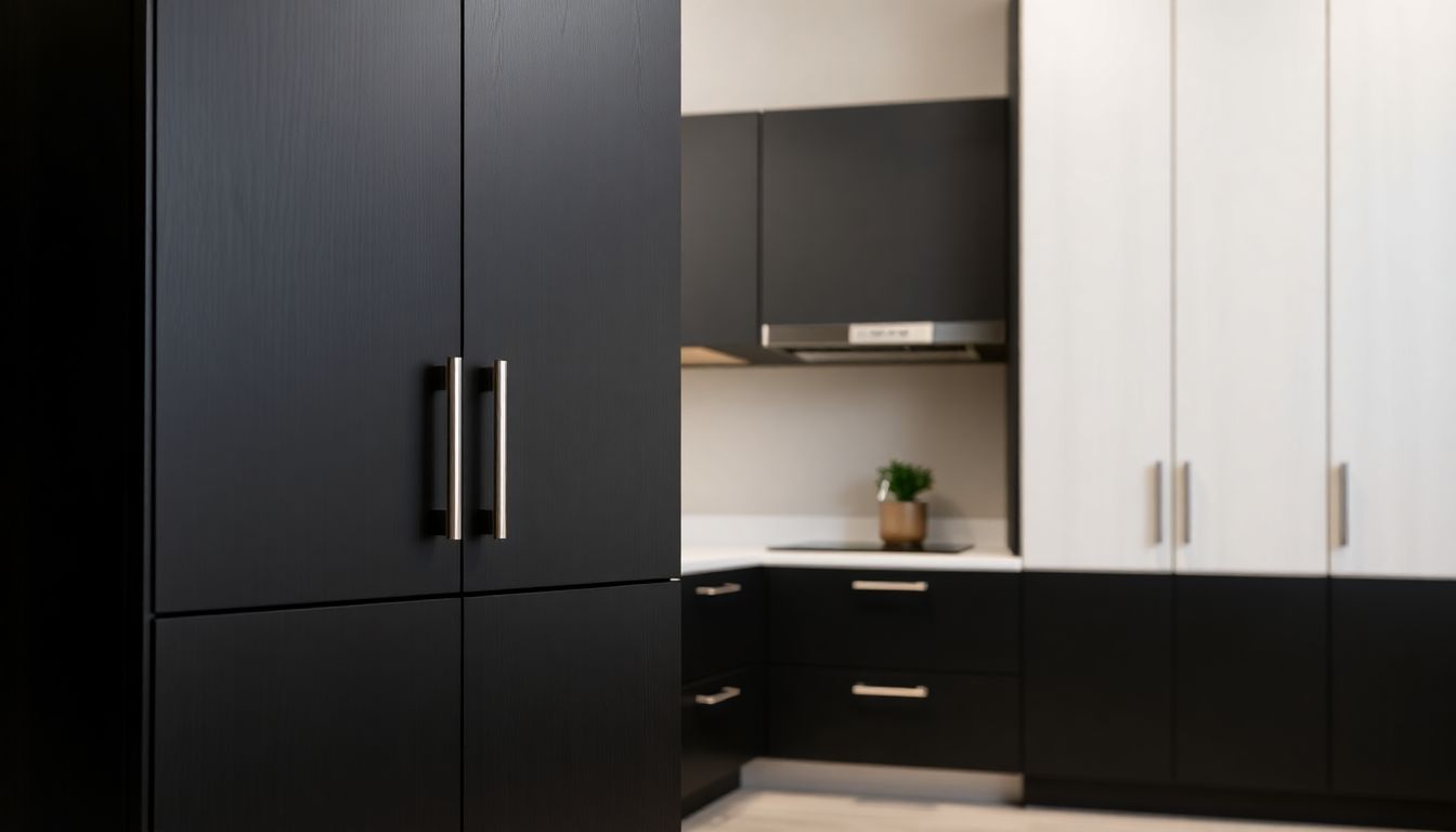 How Custom Cabinetry Can Transform Your Houston Home 3 Abstract Close-Up Of Custom Cabinetry In Houston, Featuring Two-Tone Finish With Matte Black Lower Panels And White Upper Ones, Textured Wood Grain Visible Against A Neutral Wall In A Modern Living Space, Emphasizing Simplicity And Durability.