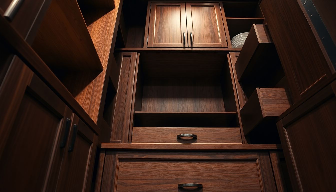 How Custom Cabinetry Changes Luxury Kitchens for the Better 3 Dramatic Low-Angle Shot Of Custom Cabinetry In A Luxury Kitchen, Featuring Layered Storage With Open Compartments And Closed Drawers In Rich Wood Tones, Highlighting Houston Custom Cabinets Craftsmanship With Deep Contrasts And Sharp Details.