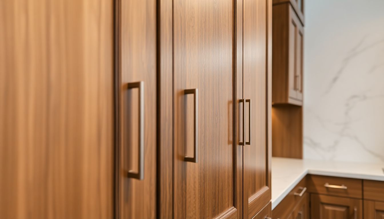 How Custom Cabinetry Changes Luxury Kitchens for the Better 2 Close-Up View Of Custom Cabinetry In A Luxury Kitchen, Featuring Textured Wood Doors With Subtle Grain Patterns And Integrated Handles On A Marble Countertop, Showcasing Houston Custom Cabinets With Precise Joinery And Soft Lighting.