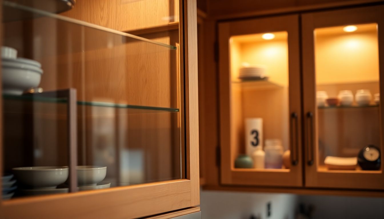The Most Popular Cabinet Styles We See in Houston Homes 3 Close-Up View Of Custom Kitchen Cabinets Featuring Wooden Frames And Transparent Glass Doors, Showcasing Popular Cabinet Styles And Design Trends With Internal Shelves, Subtle Reflections, And Warm Evening Light In A Softly Lit Kitchen.