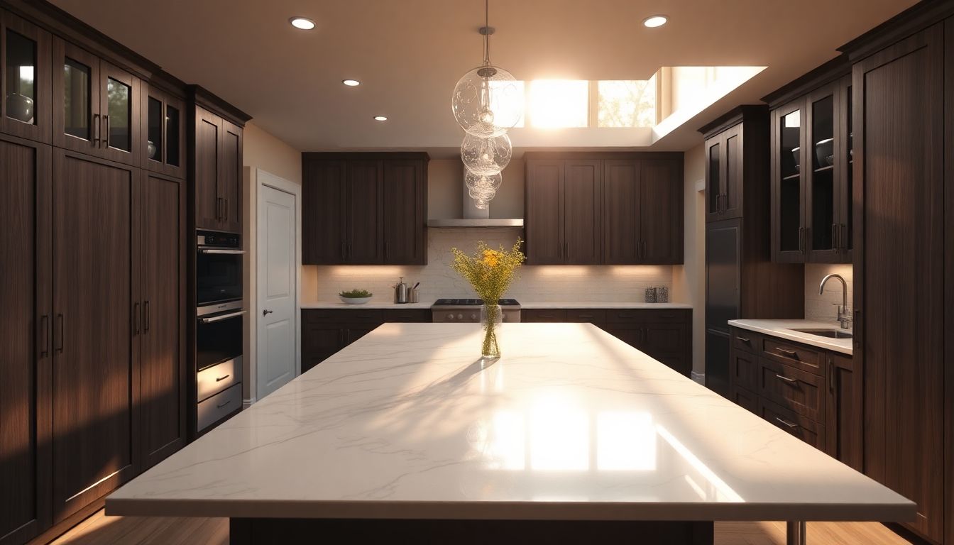 What Homebuyers Really Want from Their Kitchen 2 Interior View Of A Modern Kitchen Featuring Custom Kitchen Cabinets, A Marble Countertop Island With Pendant Lights Casting Soft Shadows, And Golden Hour Glow From Windows, Highlighting Kitchen Design Trends For Houston Homebuyers.