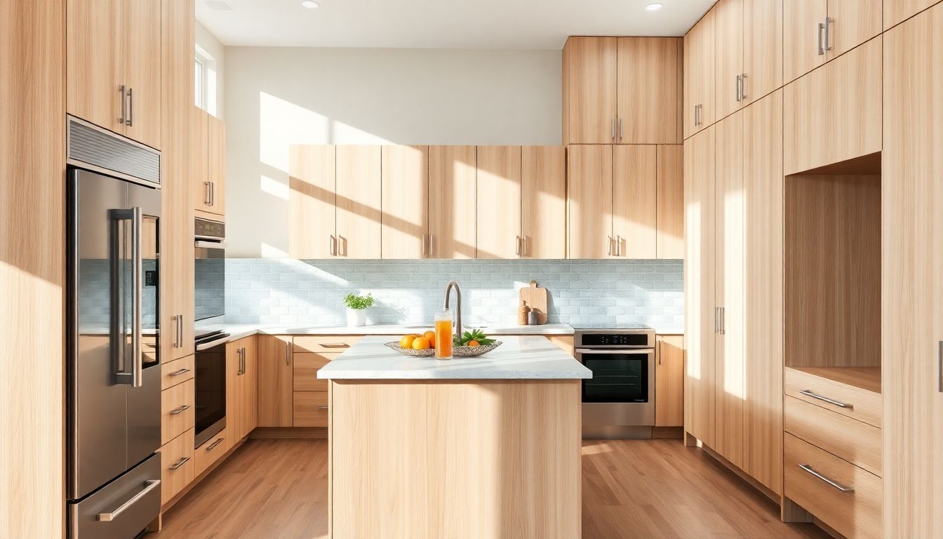 How Custom Cabinetry Can Transform Your Houston Home 2 Wide-Angle View Of A Bright Suburban Houston Kitchen Featuring Floor-To-Ceiling Custom Cabinetry In Light Oak With Integrated Appliance Panels, Sunlight Streaming In To Convey Efficiency And Warmth.
