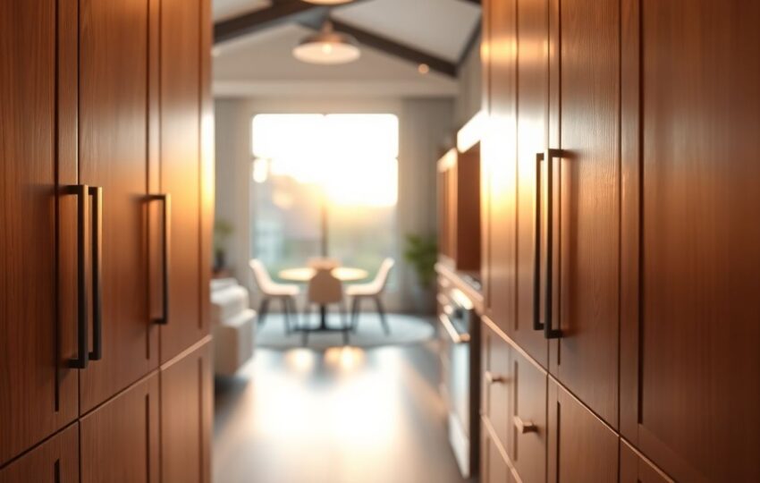 How Custom Cabinetry Can Transform Your Houston Home 3 Close-Up View Of Custom Kitchen Cabinets In A Modern Houston Home, Featuring Wooden Cabinetry With Clean Lines And Integrated Handles, Natural Light Filtering Through Large Windows For A Calm And Organized Luxury Feel.