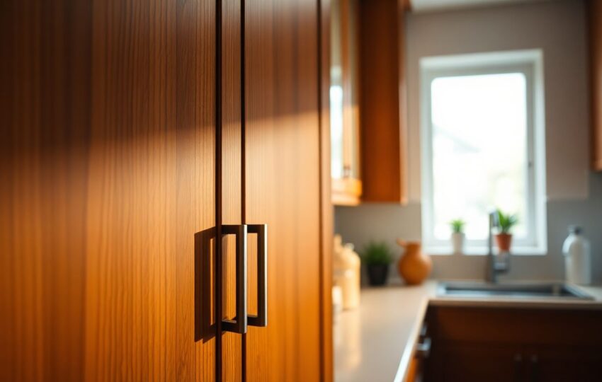 How to Pick the Perfect Cabinet Style for Your Home 10 Close-Up Of Custom Kitchen Cabinets With Clean Lines And Detailed Wood Grain Textures, Soft Natural Light From A Window Creating Warm Shadows, Shallow Depth Of Field Blurring Background Countertops, Highlighting Various Cabinet Styles For Choosing Cabinet Style.