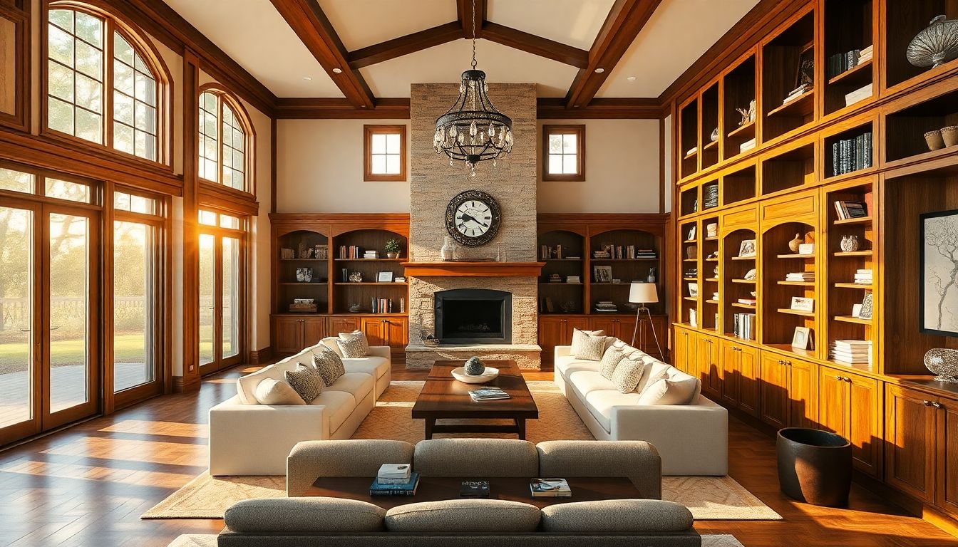 How Custom Millwork Changes Your Home for Good 5 Expansive View Of A Transformed Home Interior Featuring Integrated Custom Millwork Bookcases And Custom Cabinetry In Houston, Illuminated By Golden Hour Sunlight That Highlights Warm Wood Tones And Spatial Harmony For A Comforting, Permanent Aesthetic.