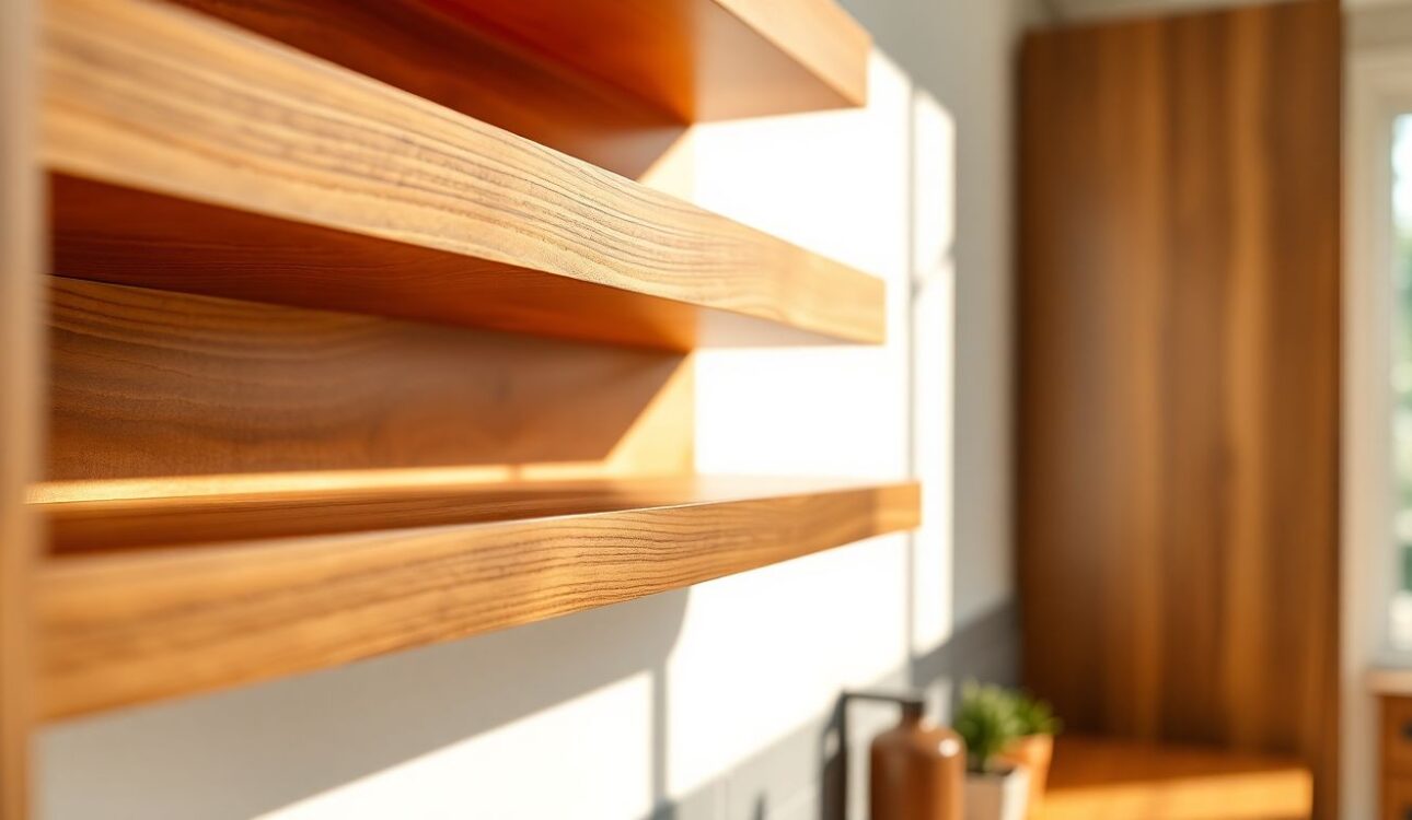 How Custom Millwork Changes Your Home for Good 1 Close-Up Of Polished Wooden Custom Millwork Shelves Integrated Into A Modern Kitchen Wall, Featuring Intricate Grain Patterns And Seamless Joinery, Ideal For Home Transformation With Custom Cabinetry In Houston.