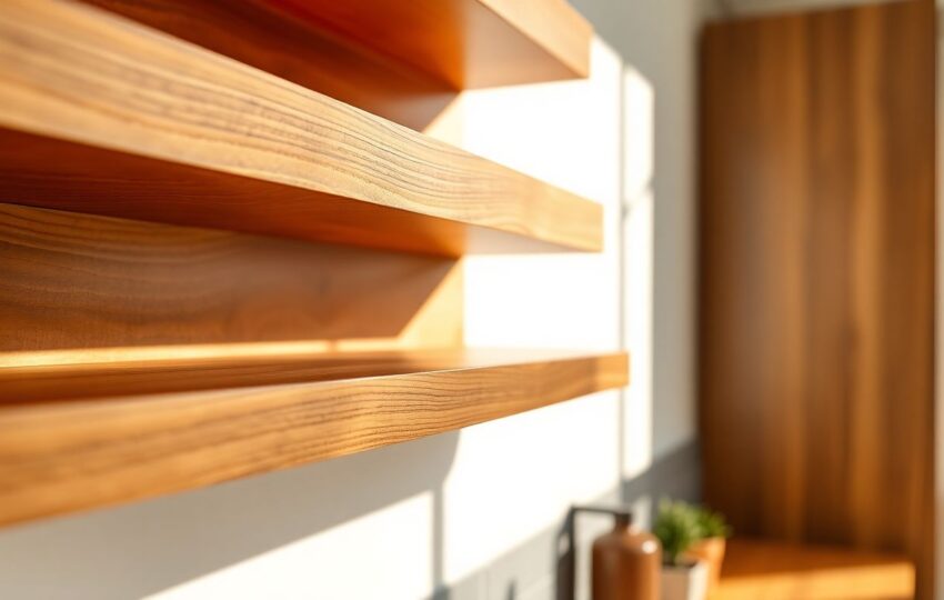 How Custom Millwork Changes Your Home for Good 2 Close-Up Of Polished Wooden Custom Millwork Shelves Integrated Into A Modern Kitchen Wall, Featuring Intricate Grain Patterns And Seamless Joinery, Ideal For Home Transformation With Custom Cabinetry In Houston.
