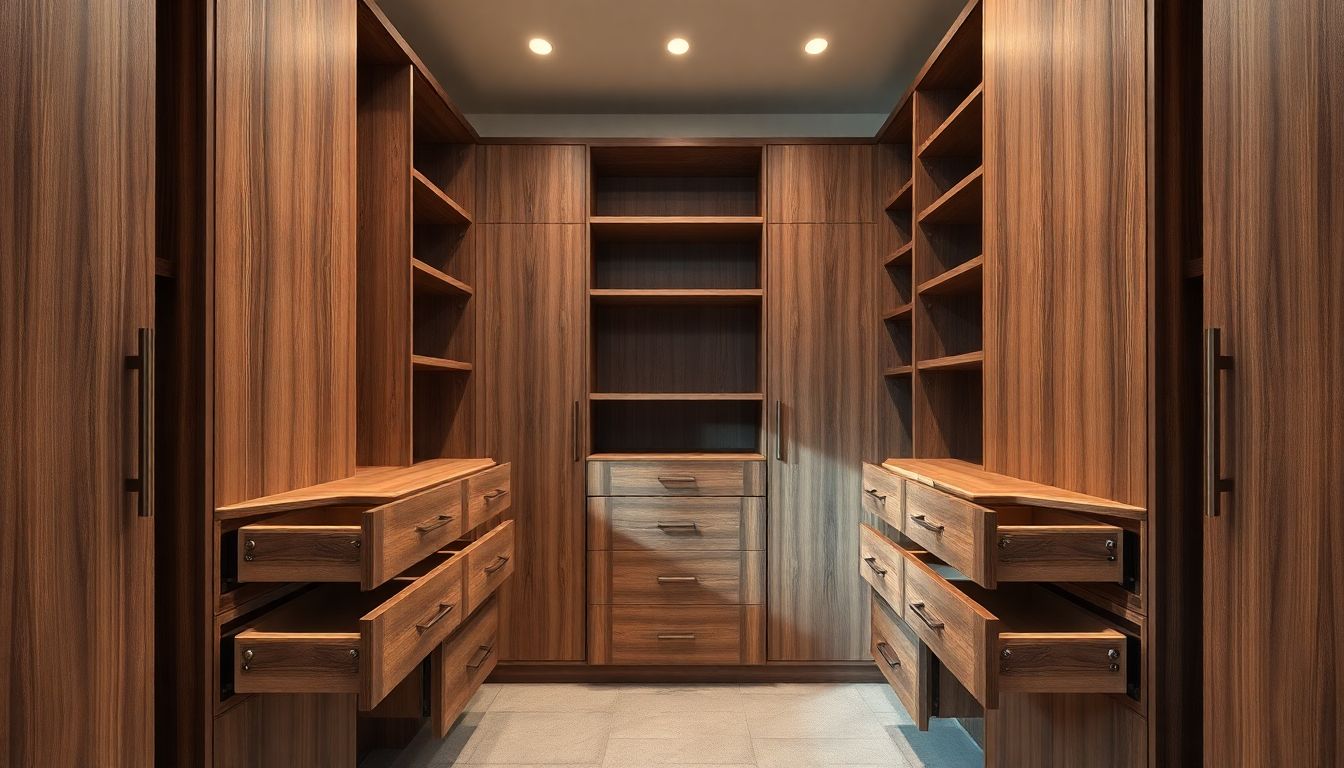 How to Design Your Dream Walk-In Closet That Fits Your Life 3 Wide Shot Of A Custom Walk-In Closet Corner In A Dream Closet Design, Featuring Pull-Out Drawers And Rotating Storage Units, Soft Diffused Lighting, And Earthy Tones For Accessibility And Organization, Houston Custom Cabinetry Style.