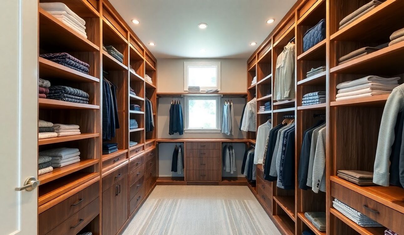 How to Design Your Dream Walk-In Closet That Fits Your Life 1 A Spacious Custom Walk-In Closet Interior Featuring Wooden Shelves Lined With Folded Clothes And Hanging Garments, Illuminated By Soft Natural Light From A Small Window And Warm Recessed Lighting, In A Minimalist Style Emphasizing Organization And Depth.