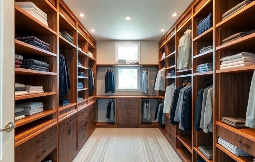 How to Design Your Dream Walk-In Closet That Fits Your Life 3 A Spacious Custom Walk-In Closet Interior Featuring Wooden Shelves Lined With Folded Clothes And Hanging Garments, Illuminated By Soft Natural Light From A Small Window And Warm Recessed Lighting, In A Minimalist Style Emphasizing Organization And Depth.