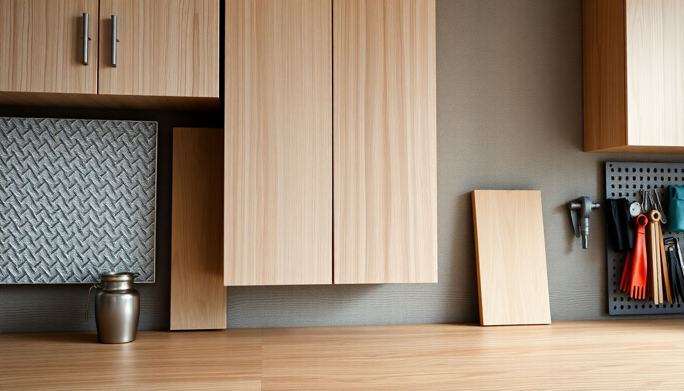 Garage Cabinets Explained: Your Guide to Smarter Storage 2 Close-Up View Of Various Materials For Garage Cabinets And Custom Garage Cabinets, Featuring Textured Metal Panels, Smooth Laminate Surfaces, And Plywood Edges Arranged On A Workbench In A Garage, With Soft Lighting Highlighting Textures For Effective Garage Storage Solutions.