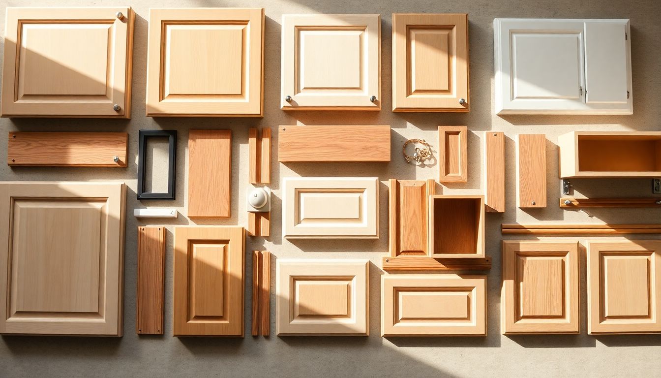 Practical Tips for Installing Kitchen Cabinets Right the First Time 4 Flat Lay Of Custom Kitchen Cabinets Components Including Doors, Shelves, And Trim Pieces Arranged Harmoniously On A Neutral Surface, Highlighting Textures Under Natural Daylight, Ideal For Kitchen Cabinet Installation Tips.