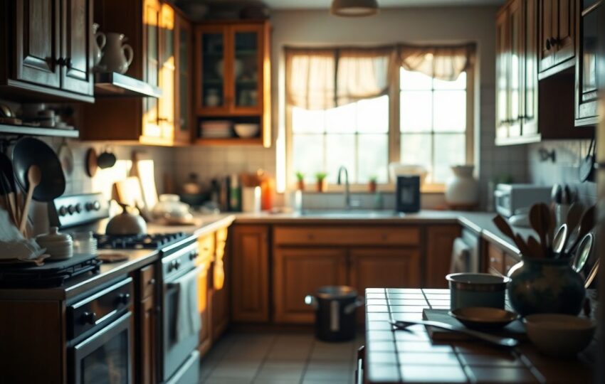 Getting Your Kitchen Set for a Smooth Remodel 7 Wide-Angle View Of A Cluttered Yet Cozy Pre-Remodel Kitchen With Worn Wooden Cabinets, Tiled Counters, And Scattered Utensils On A Farmhouse Table, Capturing Kitchen Remodel Preparation And Preparing Kitchen For Remodel With Custom Kitchen Cabinets In Houston.
