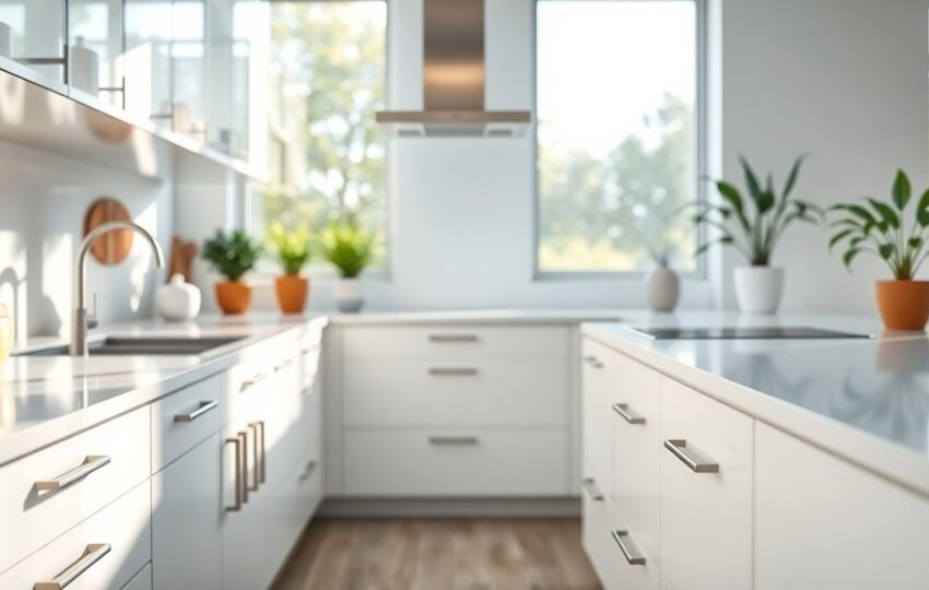 Low-Maintenance Cabinets That Fit Any Home 9 Bright Modern Kitchen Featuring Glossy White Low-Maintenance Cabinets And Custom Kitchen Cabinets Made From Durable Cabinet Materials, With Natural Morning Light Creating Soft Shadows And Highlighting Smooth Surfaces.