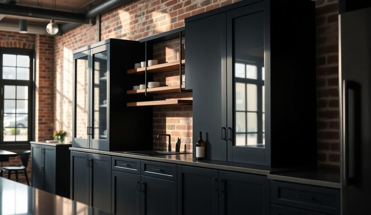 Why Modern Industrial Kitchen Cabinets Fit Your Houston Home 1 Close-Up Of Modern Industrial Kitchen Cabinets With Matte Black Metal Frames And Reclaimed Wood Shelves In A Spacious Urban Kitchen, Soft Natural Light Casting Subtle Shadows On Exposed Brick, Ideal For Custom Kitchen Cabinets Houston And Industrial Style Kitchen Design.