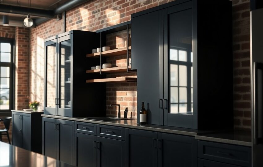 Why Modern Industrial Kitchen Cabinets Fit Your Houston Home 1 Close-Up Of Modern Industrial Kitchen Cabinets With Matte Black Metal Frames And Reclaimed Wood Shelves In A Spacious Urban Kitchen, Soft Natural Light Casting Subtle Shadows On Exposed Brick, Ideal For Custom Kitchen Cabinets Houston And Industrial Style Kitchen Design.