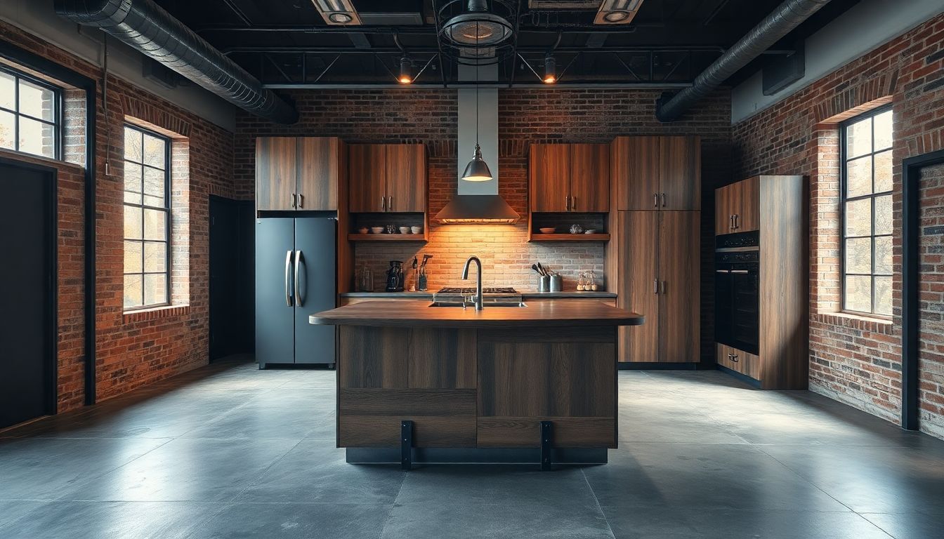 Why Modern Industrial Kitchen Cabinets Fit Your Houston Home 3 Wide Shot Of A Modern Industrial Kitchen Featuring Custom Kitchen Cabinets In Houston With Exposed Metal Joints And Distressed Wood Panels Around A Central Island, Industrial Style Kitchen Design With Concrete Floors, Brick Accents, And Warm Overhead Lighting Casting Dynamic Shadows.