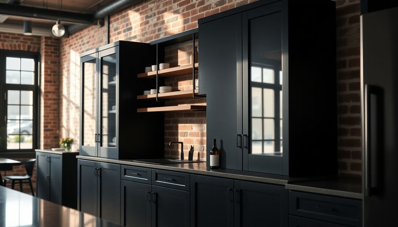Why Modern Industrial Kitchen Cabinets Fit Your Houston Home 2 Close-Up Of Modern Industrial Kitchen Cabinets With Matte Black Metal Frames And Reclaimed Wood Shelves In A Spacious Urban Kitchen, Soft Natural Light Casting Subtle Shadows On Exposed Brick, Ideal For Custom Kitchen Cabinets Houston And Industrial Style Kitchen Design.