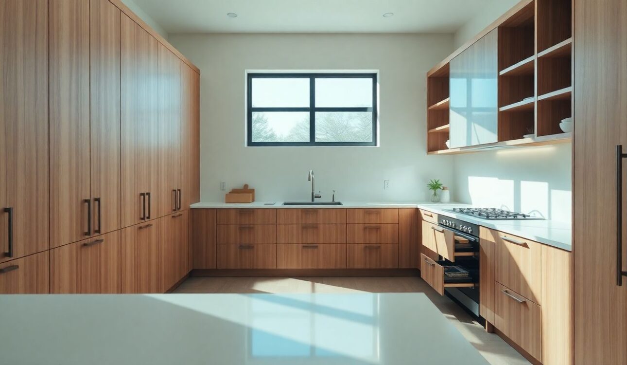 How Custom Cabinetry Changes Luxury Kitchens for the Better 1 Wide-Angle View Of A Luxury Kitchen Featuring Custom Cabinetry In Houston, With Sleek Wooden Cabinets In Soft Natural Tones, Open Shelves, Integrated Drawers, And A Clean White Countertop, Illuminated By Natural Daylight Creating Gentle Shadows And Warm Highlights.