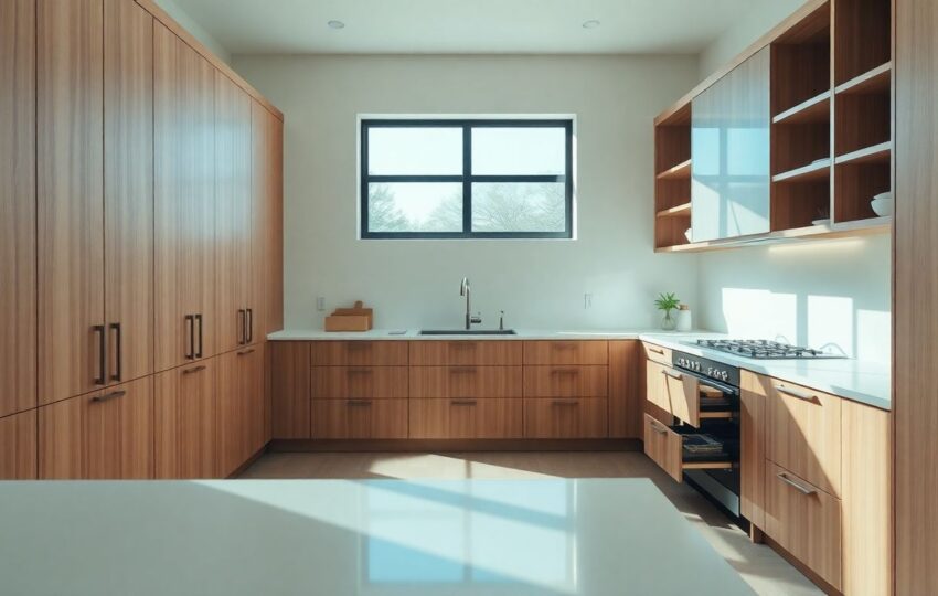 How Custom Cabinetry Changes Luxury Kitchens for the Better 5 Wide-Angle View Of A Luxury Kitchen Featuring Custom Cabinetry In Houston, With Sleek Wooden Cabinets In Soft Natural Tones, Open Shelves, Integrated Drawers, And A Clean White Countertop, Illuminated By Natural Daylight Creating Gentle Shadows And Warm Highlights.