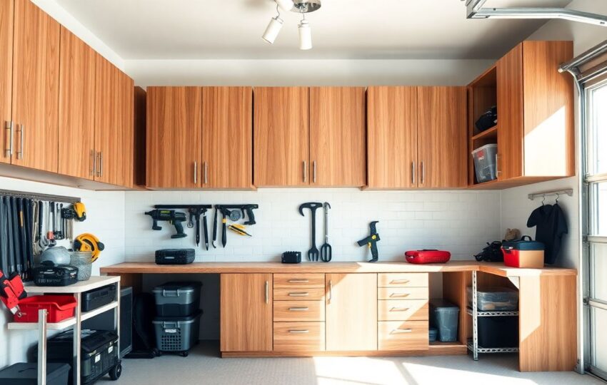 Garage Cabinets Explained: Your Guide to Smarter Storage 8 Wide-Angle View Of A Spacious, Organized Garage Interior Featuring Wall-Mounted Custom Garage Cabinets In Natural Oak Finish, With Shelves Holding Tools And Bins, Illuminated By Soft Natural Light Filtering Through A Window.