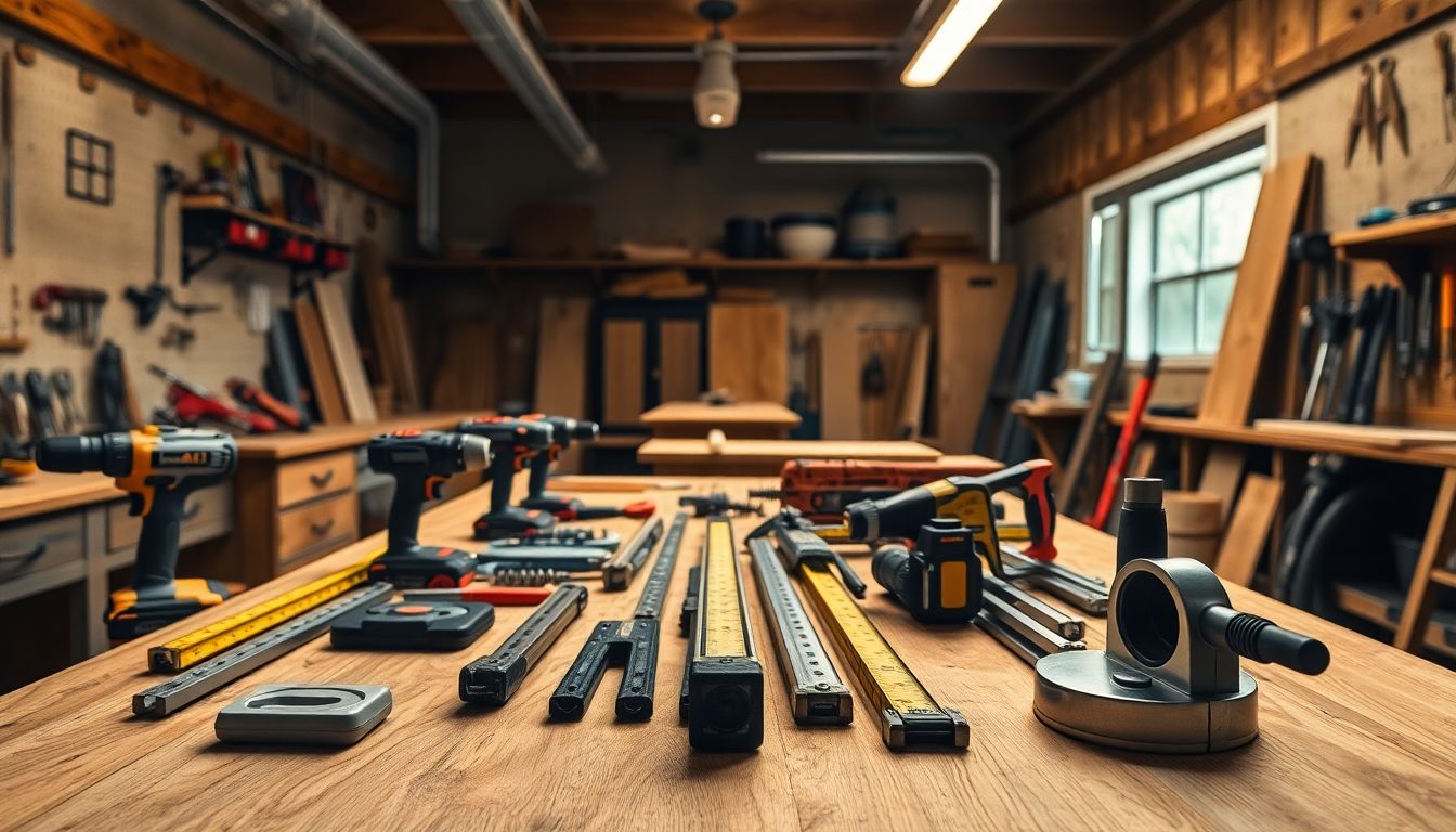 Practical Tips for Installing Kitchen Cabinets Right the First Time 2 A Wide-Angle View Of A Neatly Organized Workbench In A Workshop, Displaying Essential Carpentry Tools Including Drills, Levels, Tape Measures, And Clamps On A Wooden Surface, Ideal For Kitchen Cabinet Installation And Custom Kitchen Cabinets Projects, With Warm Lighting Highlighting Metal Textures.