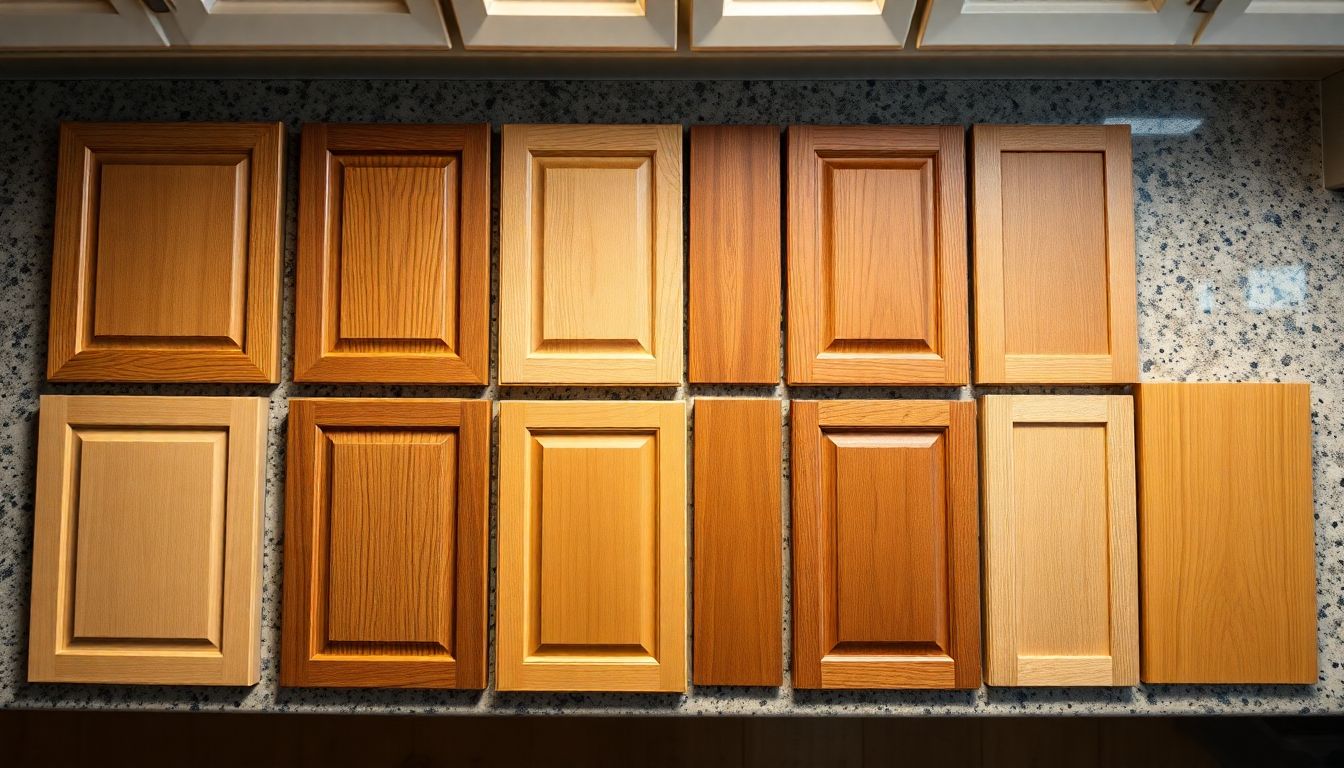 The Most Popular Cabinet Styles We See in Houston Homes 4 Overhead Composition Of A Kitchen Counter Displaying Various Cabinet Door Samples In Popular Cabinet Styles And Natural Wood Finishes, Highlighting Custom Kitchen Cabinets And Current Design Trends Under Soft, Even Lighting.