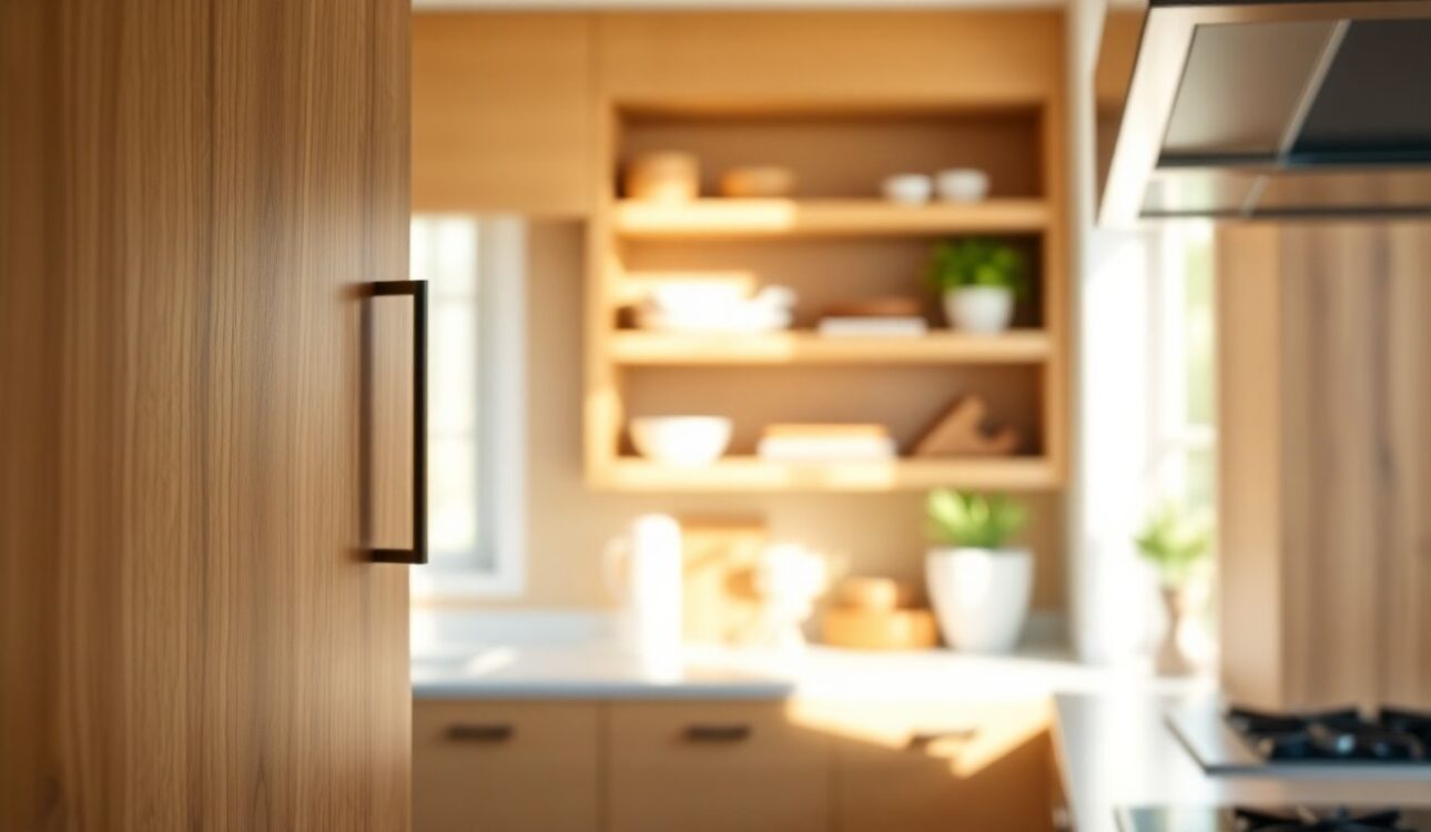 The Most Popular Cabinet Styles We See in Houston Homes 1 Close-Up Of Custom Kitchen Cabinets Featuring Popular Cabinet Styles And Design Trends, With Natural Wood Grain Textures Illuminated By Soft Morning Light, Warm Shadows, And Shallow Depth Of Field Bokeh On Background Shelves.