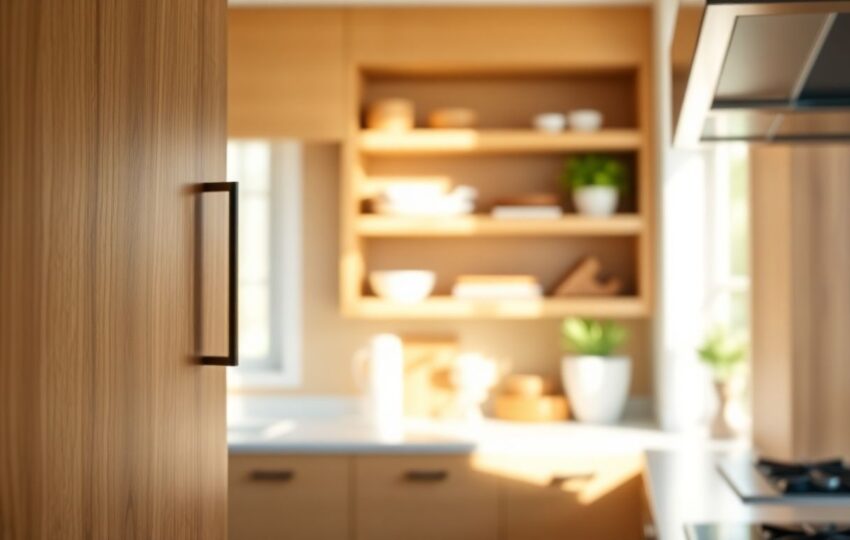 The Most Popular Cabinet Styles We See in Houston Homes 7 Close-Up Of Custom Kitchen Cabinets Featuring Popular Cabinet Styles And Design Trends, With Natural Wood Grain Textures Illuminated By Soft Morning Light, Warm Shadows, And Shallow Depth Of Field Bokeh On Background Shelves.