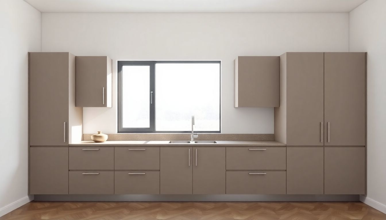 The Most Popular Cabinet Styles We See in Houston Homes 2 Wide-Angle View Of A Minimalist Kitchen With Popular Cabinet Styles, Showcasing Custom Kitchen Cabinets With Flat Slab Doors In Matte Finish Against A Neutral Wall, Bathed In Natural Daylight From A Large Window For A Calm, Spacious Atmosphere.