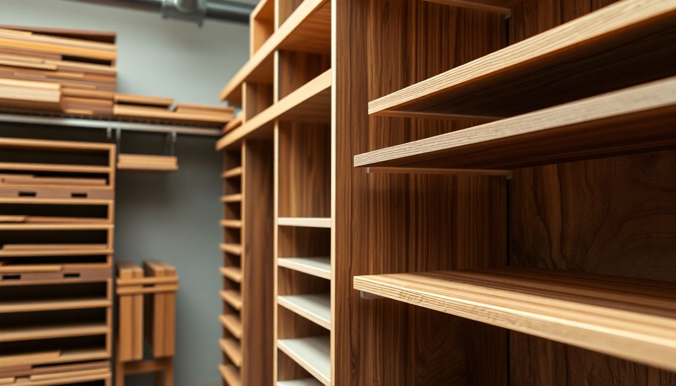 Upgrade Your Closet with Ready-to-Assemble Options 3 Tight Shot Of Stacked Ready To Assemble Closets Components, Including Shelves And Dividers In Various Wood Finishes, Arranged In A Workshop With Diffused Natural Light, Emphasizing Textures And Precise Edges For Custom Closet Upgrades And Affordable Closet Solutions.