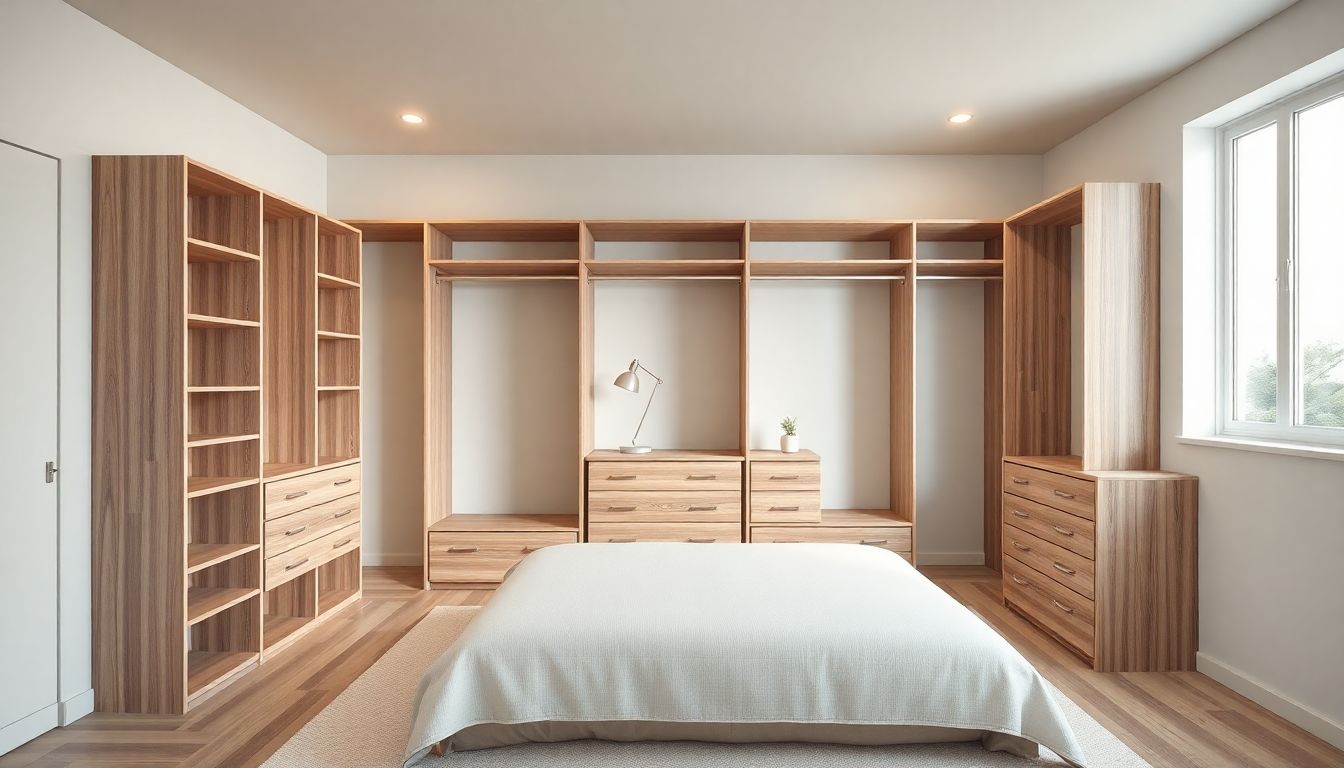 Upgrade Your Closet with Ready-to-Assemble Options 2 Wide-Angle View Of An Empty Ready-To-Assemble Closets System With Adjustable Shelves, Hanging Rods, And Drawer Units In A Neutral-Toned Bedroom, Perfect For Custom Closet Upgrades And Affordable Closet Solutions.