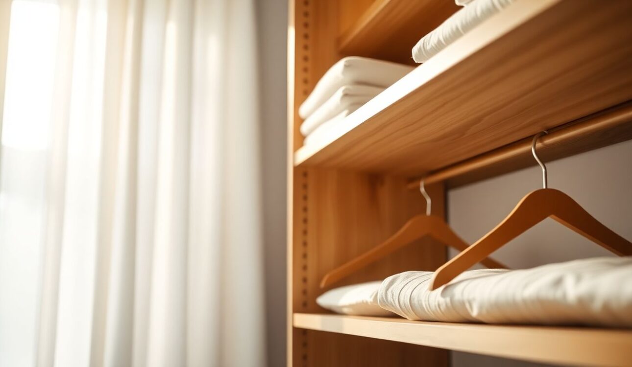 Upgrade Your Closet with Ready-to-Assemble Options 1 Close-Up Of Wooden Shelves In A Ready To Assemble Closet, Neatly Filled With Folded Linens And Empty Hanging Rods, In A Softly Lit Bedroom With Natural Light Through Sheer Curtains, Ideal For Custom Closet Upgrades And Affordable Closet Solutions.