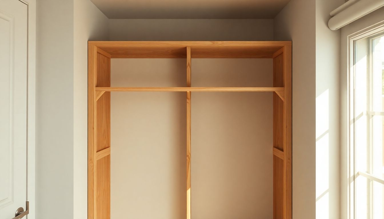 Upgrade Your Closet with Ready-to-Assemble Options 4 Overhead View Of A Partially Assembled Ready To Assemble Closet Frame Featuring Interlocking Wooden Panels And Rod Supports In A Sunlit Room, With Soft Morning Light Casting Shadows For Depth, Ideal For Affordable Closet Solutions And Custom Closet Upgrades.